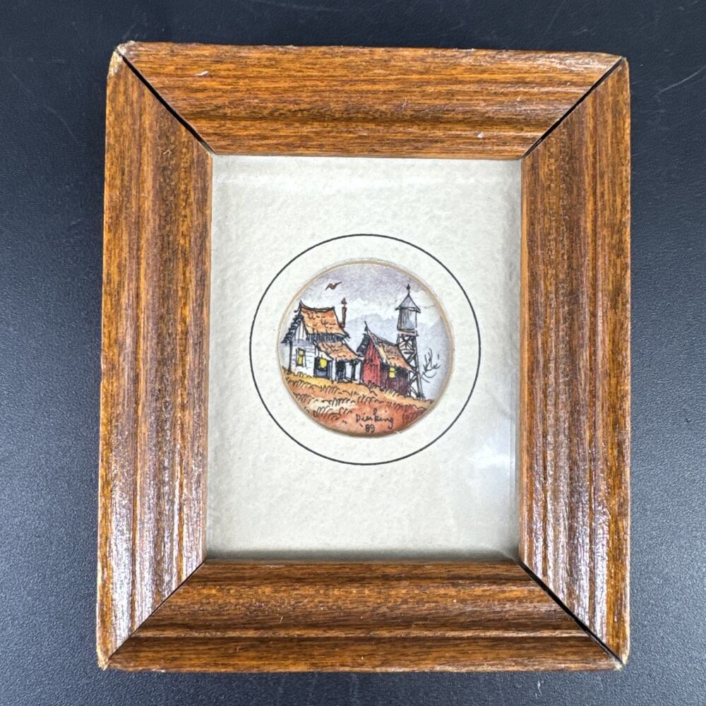 Gary R. Dierking Signed Pen & Ink w/ Watercolor Mini Art Kansas Home Landscape
